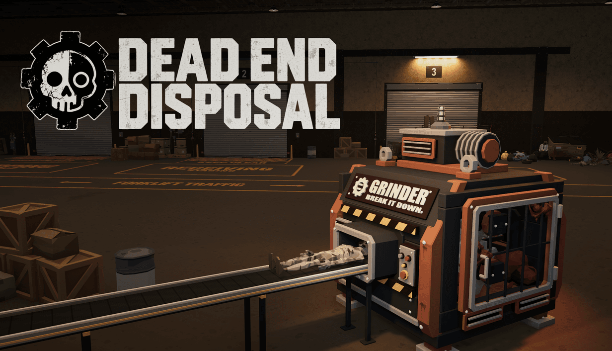 Dead End Disposal Steam capsule artwork with the skull-and-gear logo above a conveyor feeding a zombie into an industrial grinder.