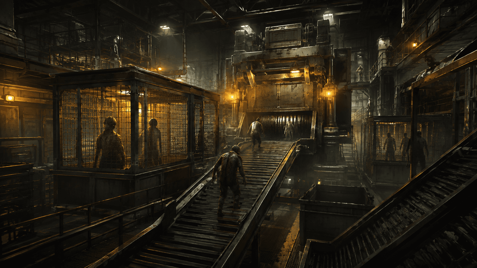 Concept artwork of a zombie processing factory with a central conveyor, containment cages, and amber warning lights.