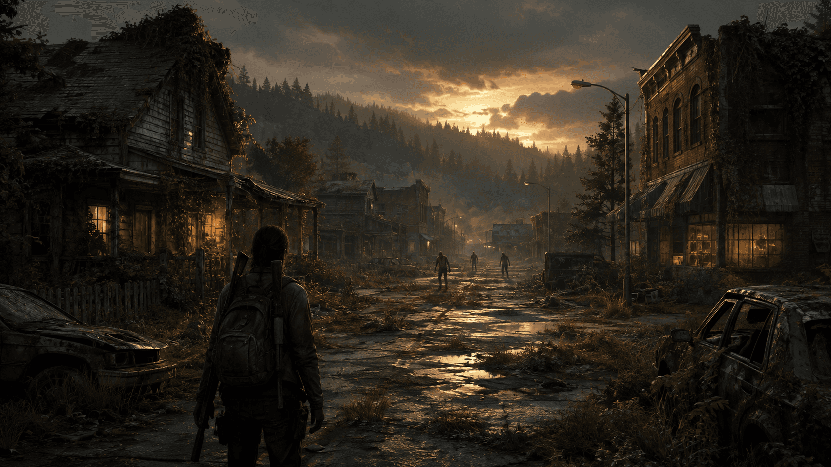 Concept artwork of a survivor overlooking an abandoned town reclaimed by trees, with distant zombie silhouettes at dusk.