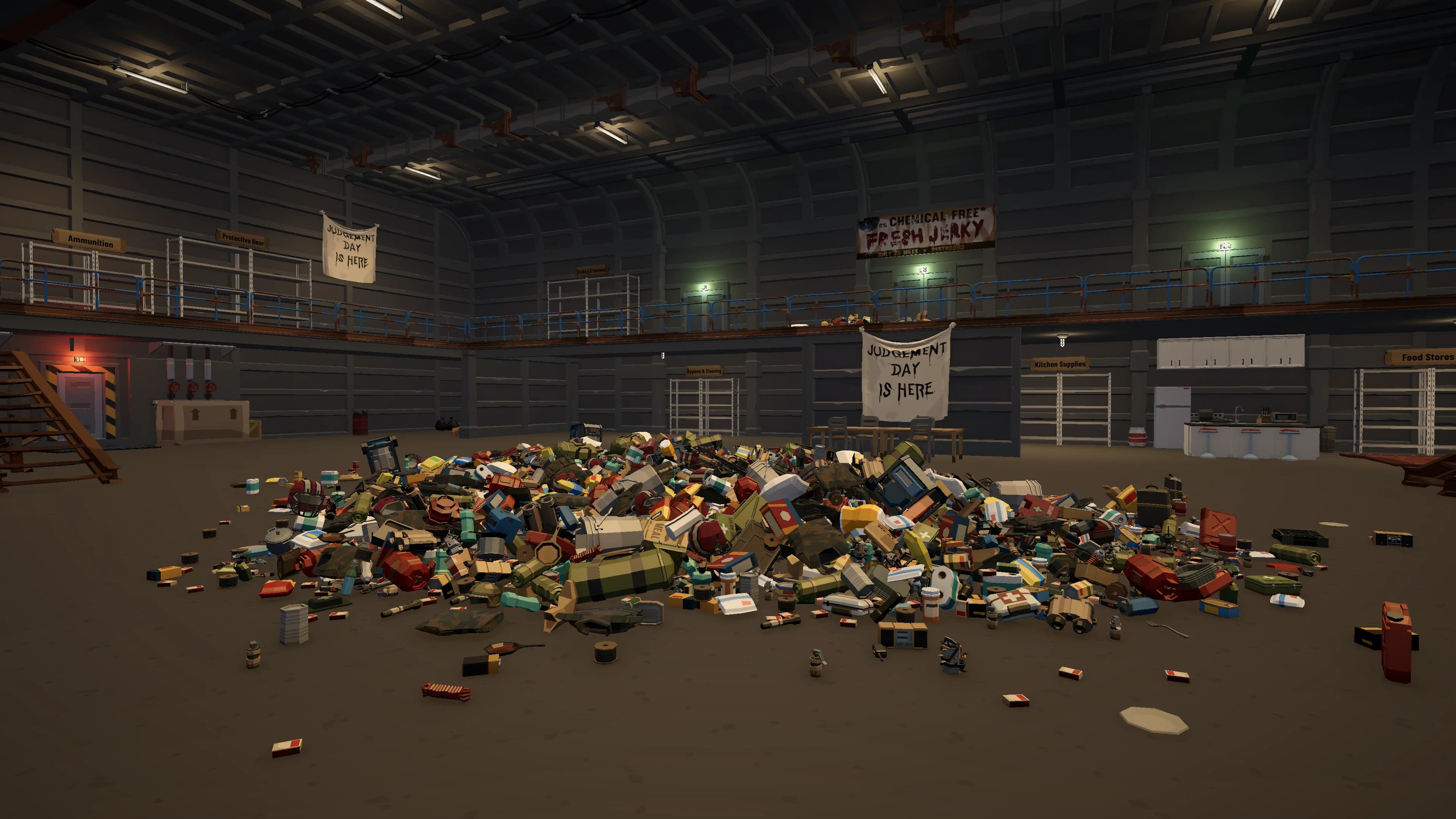 Wide view of the bunker with scattered supplies surrounded by labeled storage shelves, stairs, and a kitchen.
