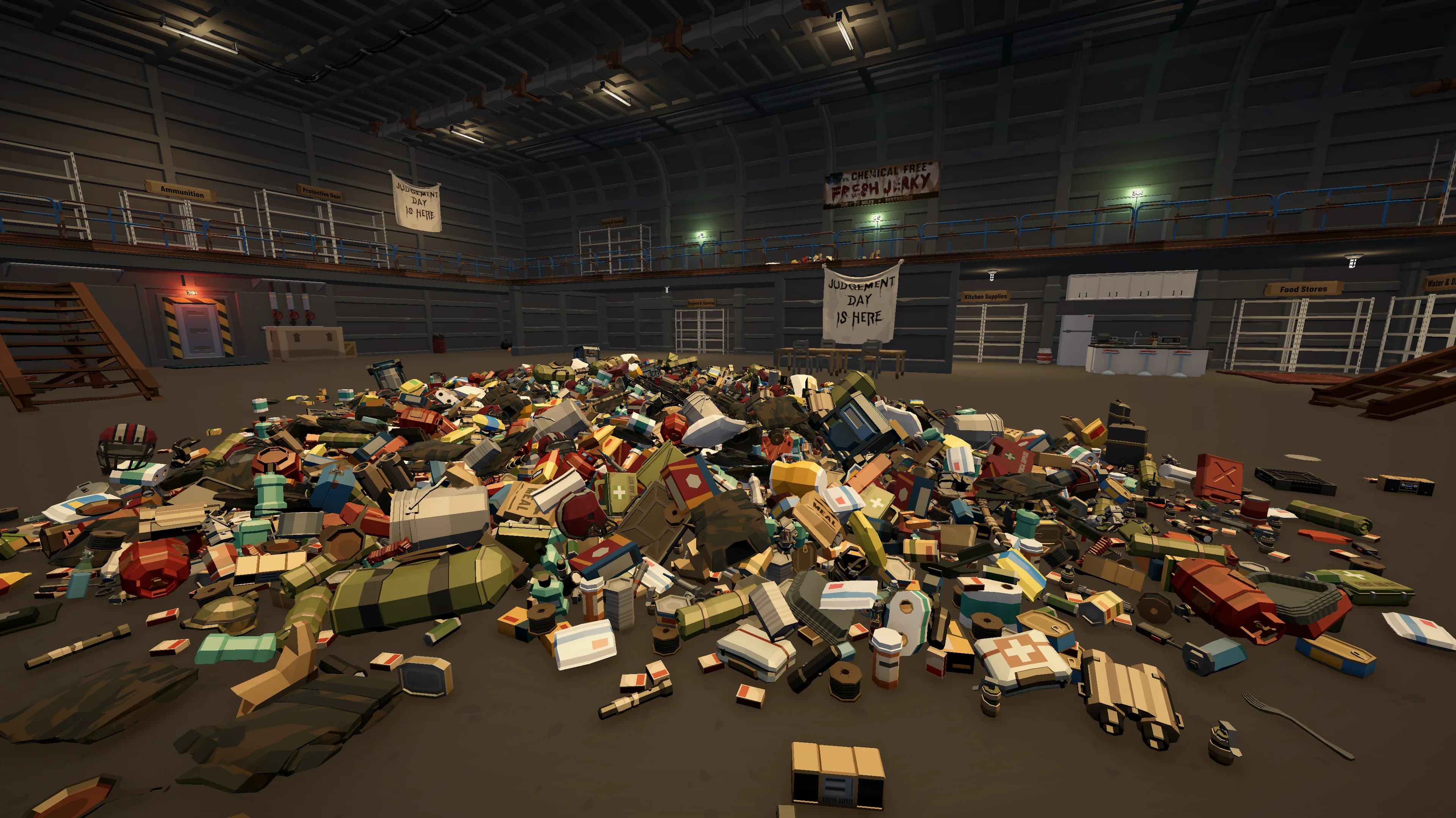 A towering pile of food, medical kits, tools, and survival supplies fills the bunker floor beneath empty shelves and an upper walkway.