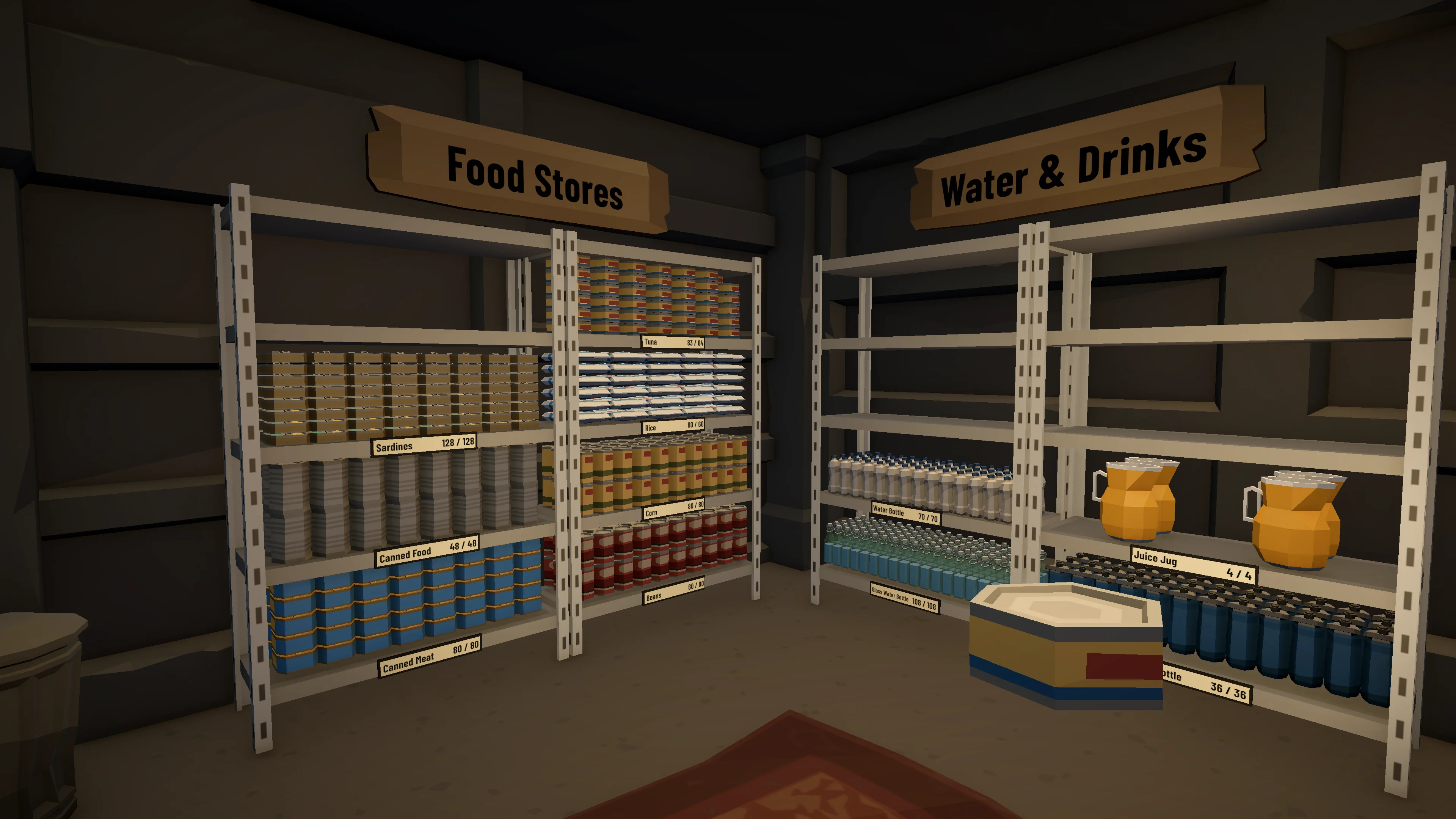 First-person view holding a can beside shelves of sorted canned food, rice, water bottles, and juice jugs.