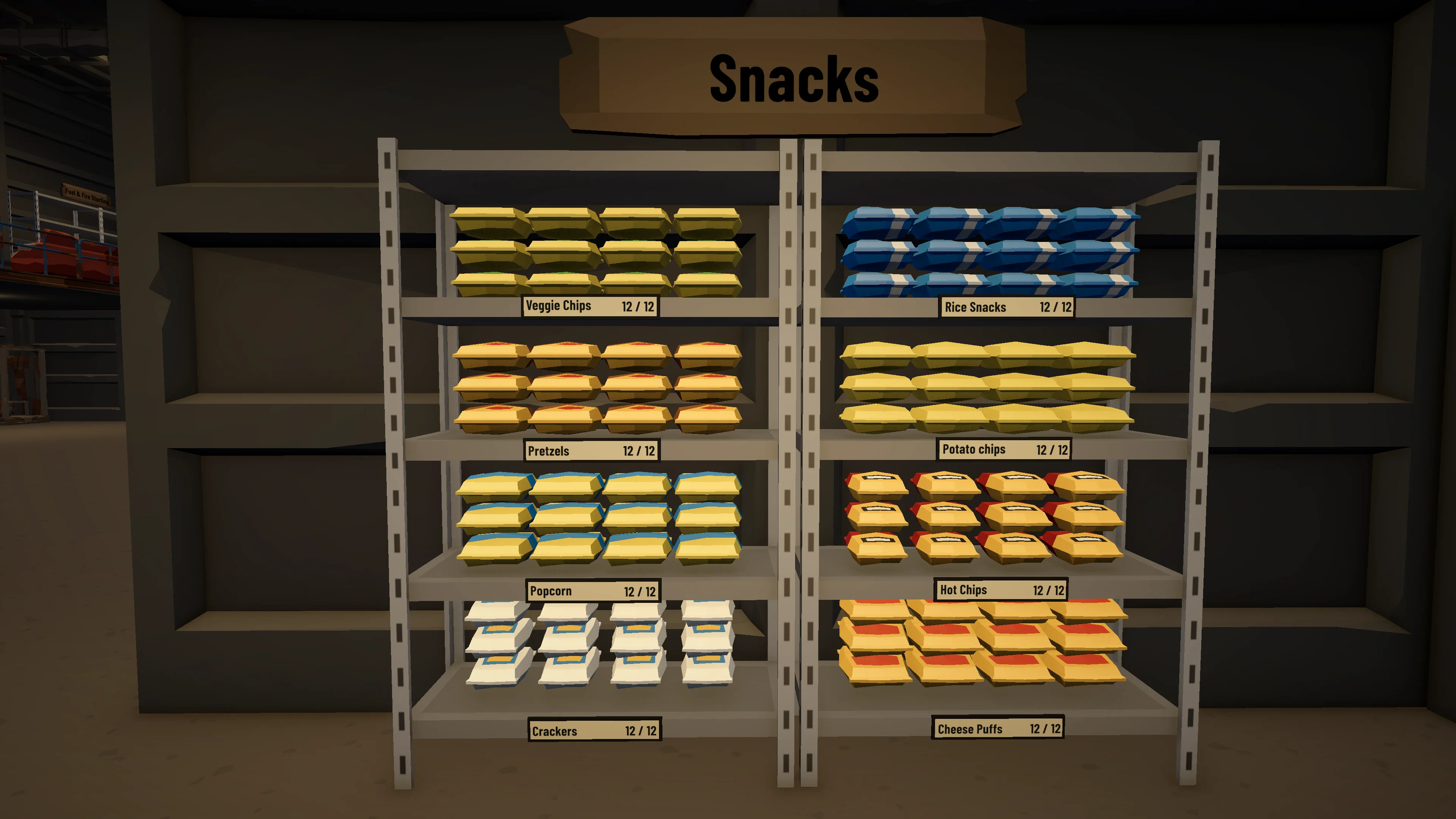 Neatly stocked snack shelves hold rows of chips, pretzels, popcorn, and crackers above item count labels.