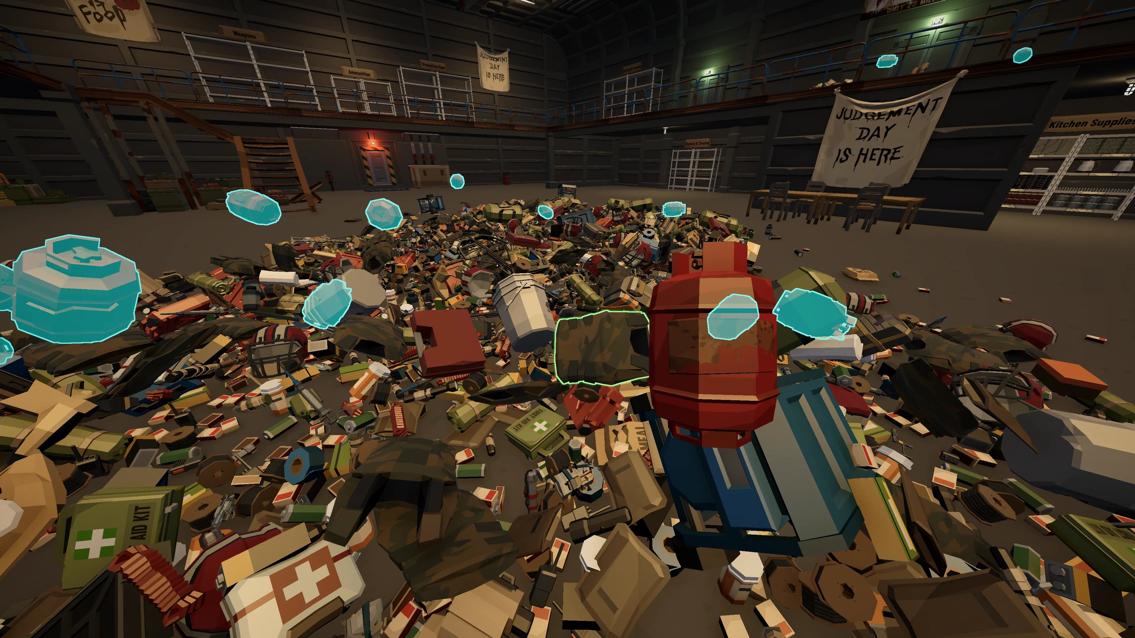 First-person view over a pile of supplies with a red fuel can in front and several items highlighted in turquoise.