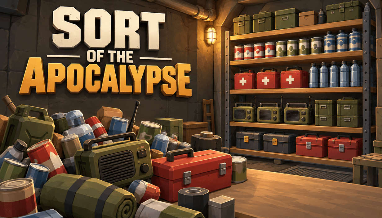 Sort of the Apocalypse title above a pile of scavenged supplies beside neatly stocked bunker shelves.